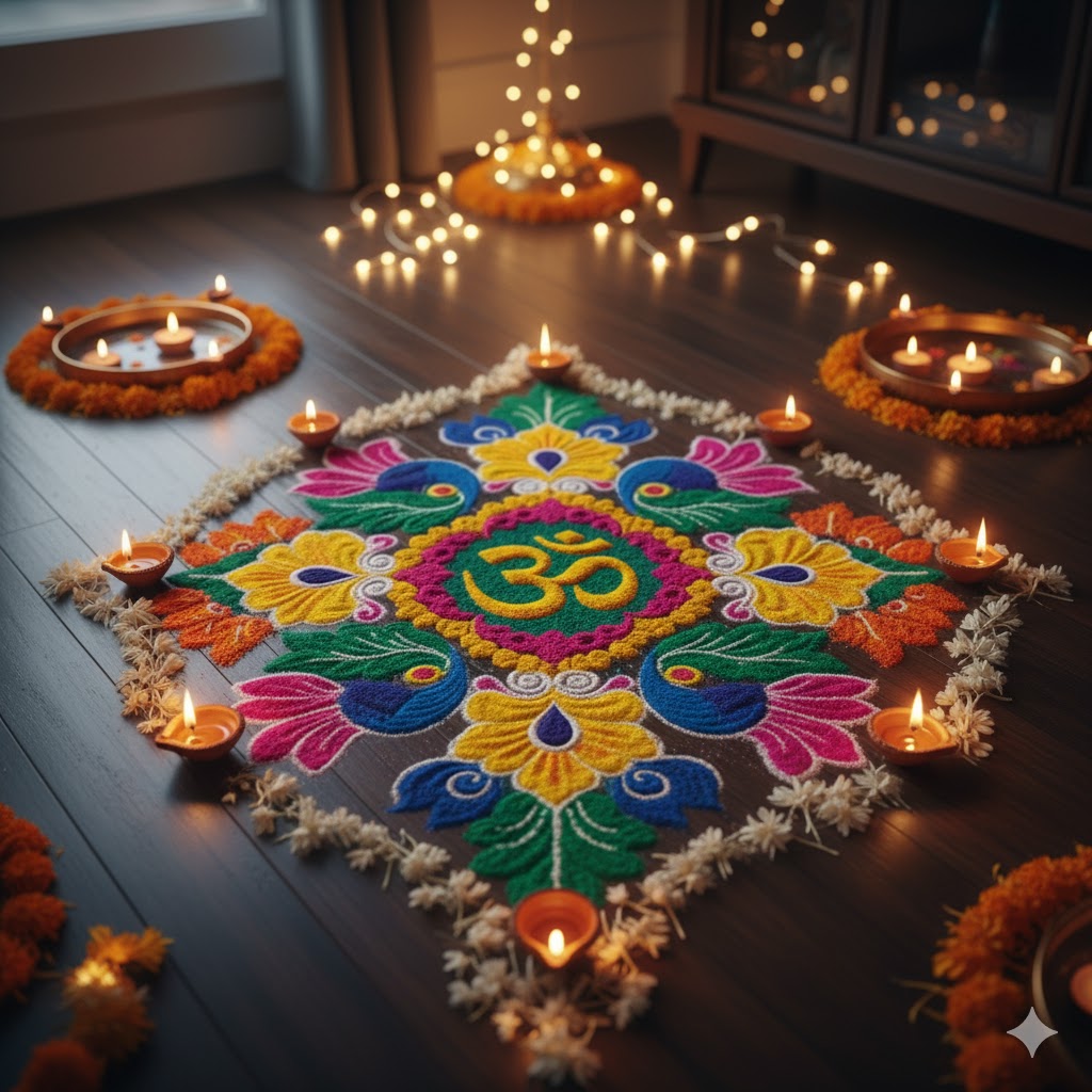 diwali-home-decoration-with-lights-and-rangoli