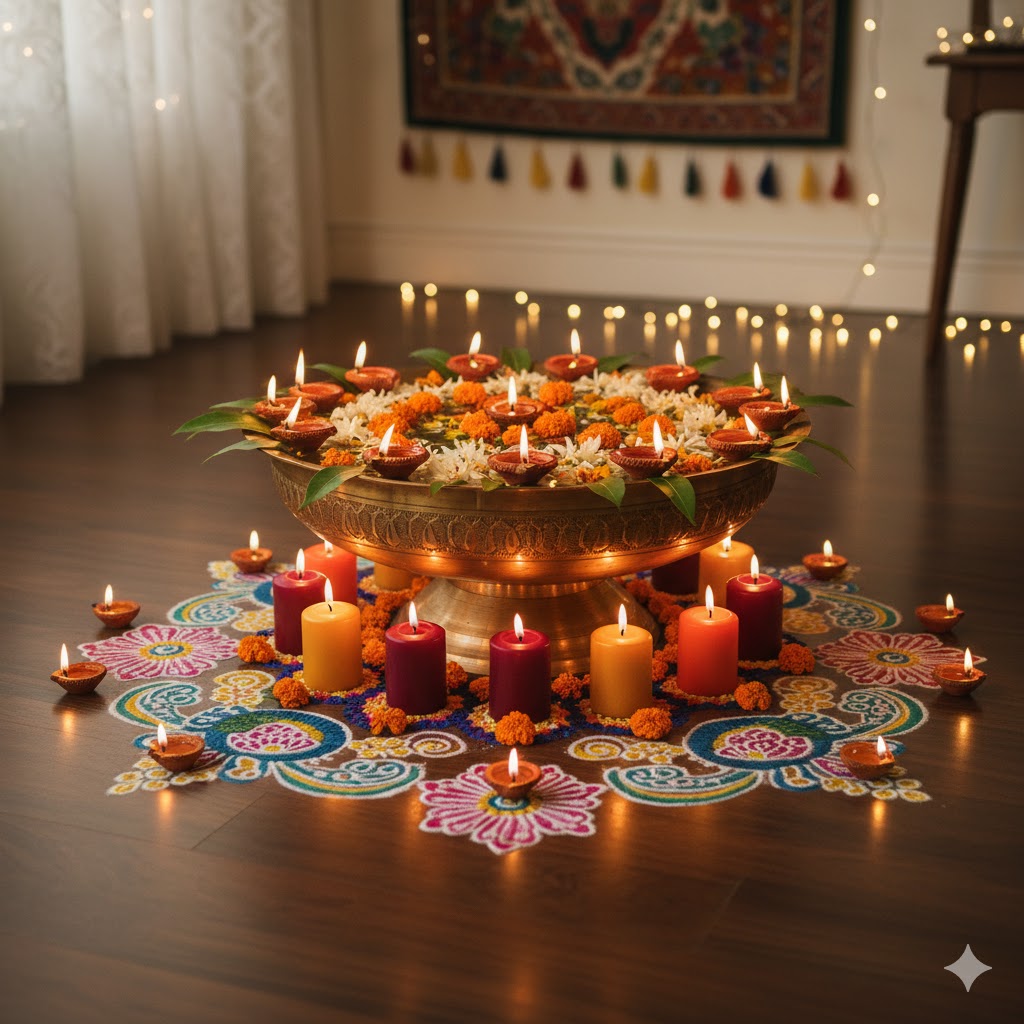 diwali-home-decoration-with-diyas-and-rangoli